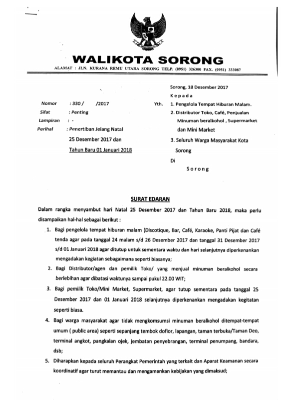 Edaran Walikota Sorong.