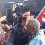 Dominggus Mandacan saat menyambut kedatangan Surya Paloh di Kota Sorong