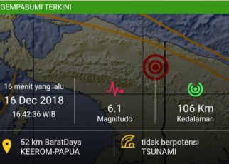 Gempa Magnitudo berkekuatan 6.1 Skala Richter Guncang Kabupaten Keerom, Minggu (16/12/2018)